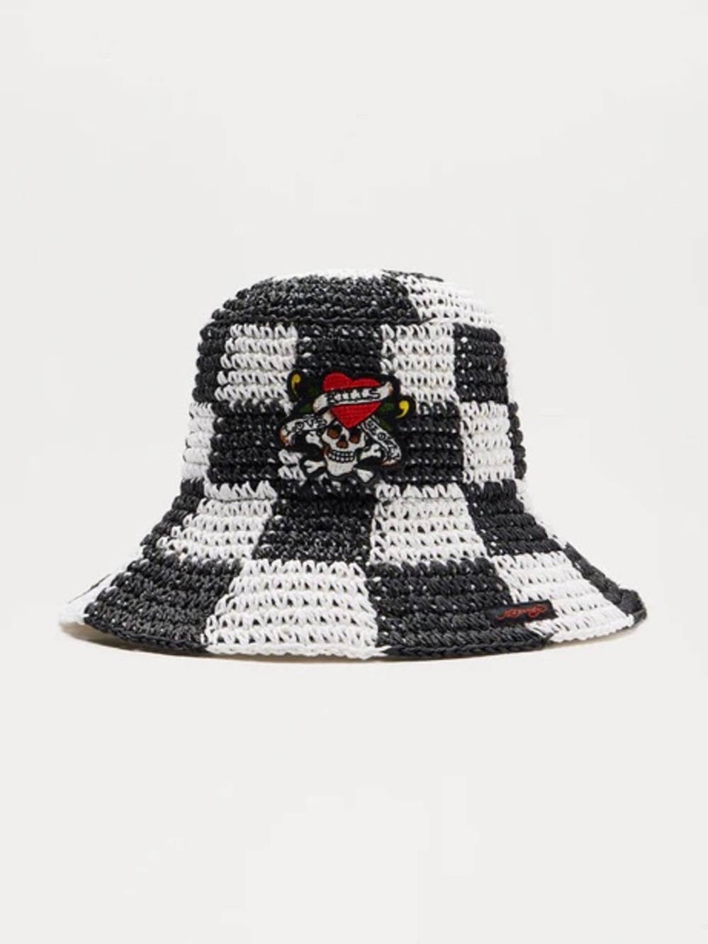 Ed Hardy Black & White Checkered Straw Sun Hat with Love Kills Slowly Patch NWT